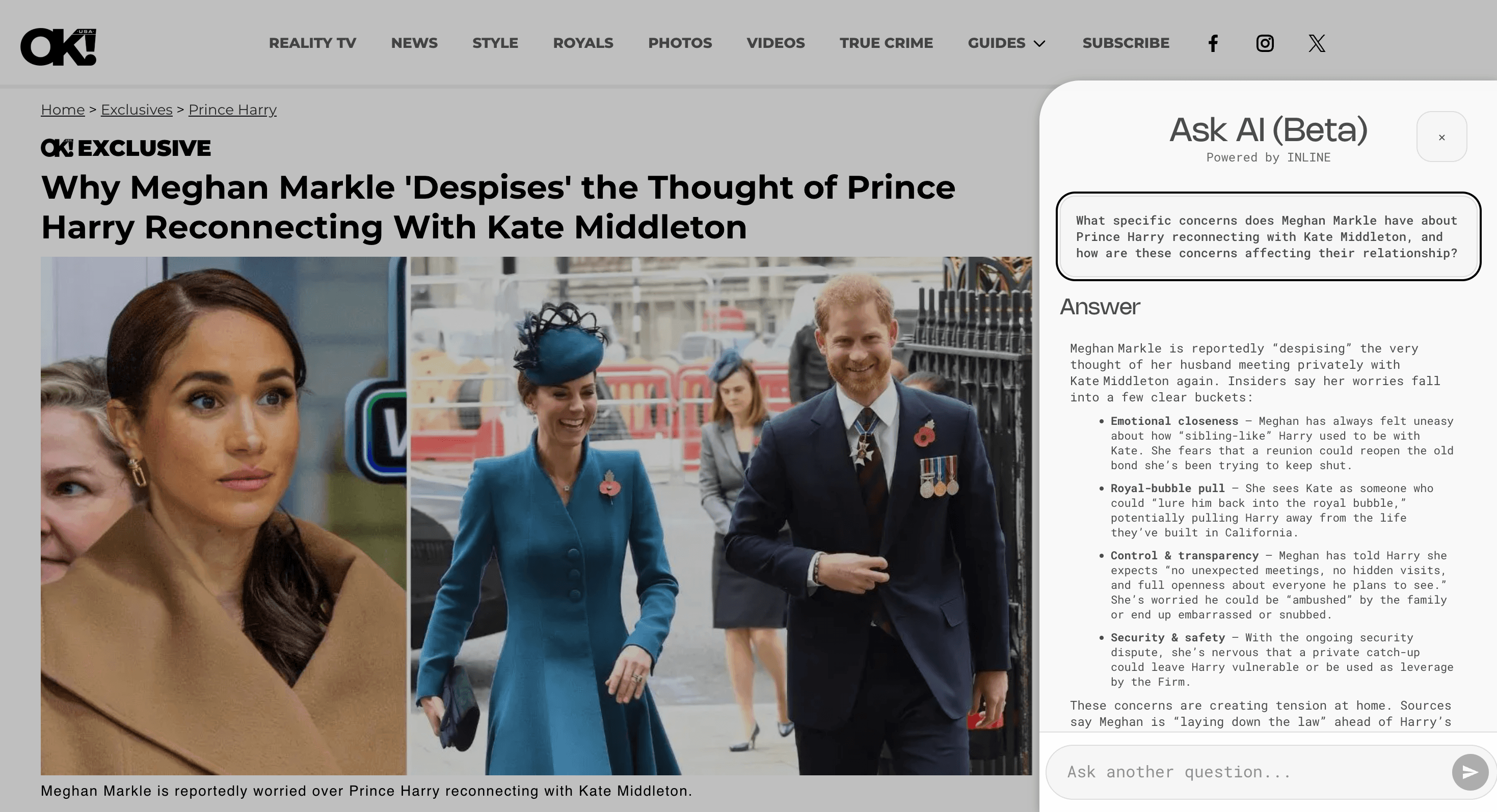 Inline AI Chat embedded on an OK! Magazine article page, answering a reader question about a celebrity story.