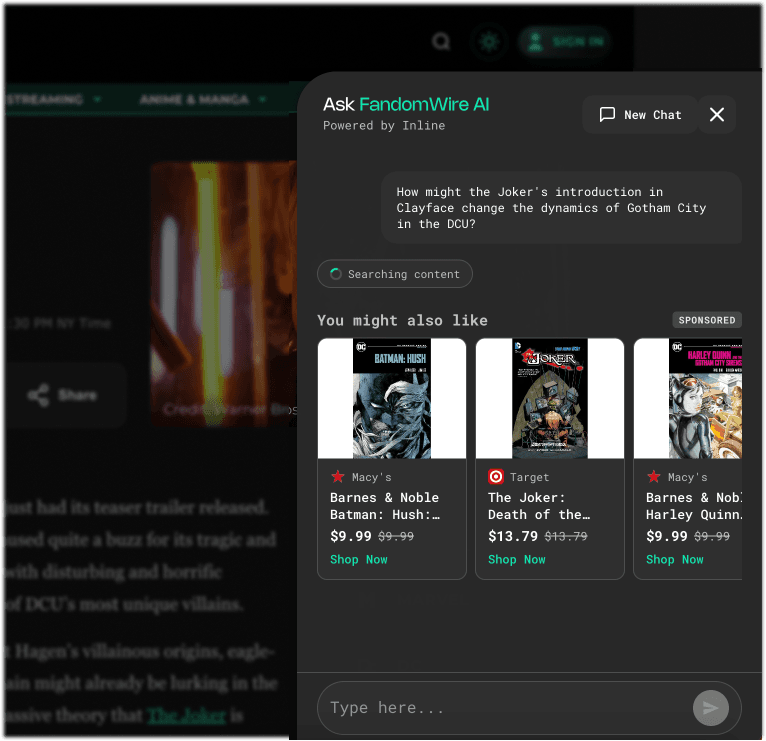 FandomWire conversation with a native ad unit displayed inline alongside the answer.