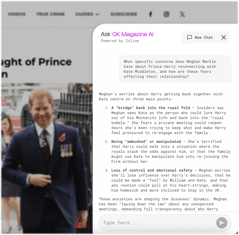 Reader asking a question in the Inline widget on OK Magazine, with the answer displayed inline.
